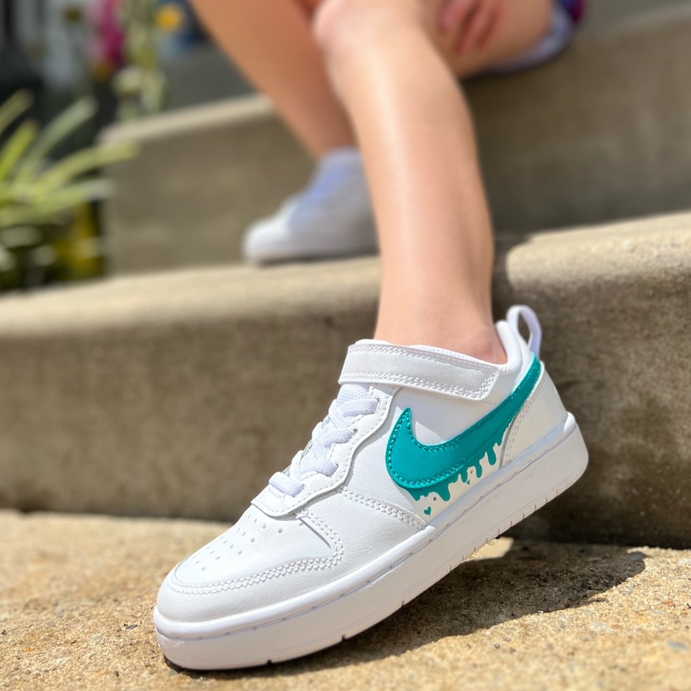 Kids Nike Court Vision Low paint drip custom painted shoes in turquoise